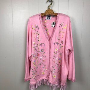 Vtg Storybook Knits Fringe Cardigan Sweater Jacket